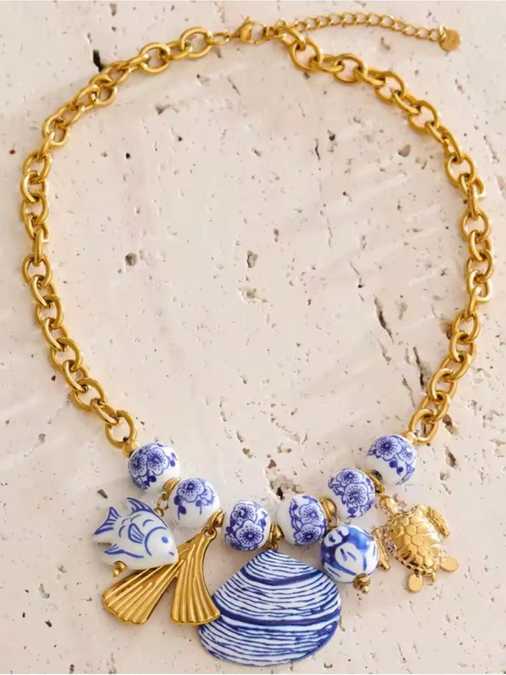Fish Shell Drop Statement Necklace~ 18K Gold Plated ~ New - Picture 4 of 8